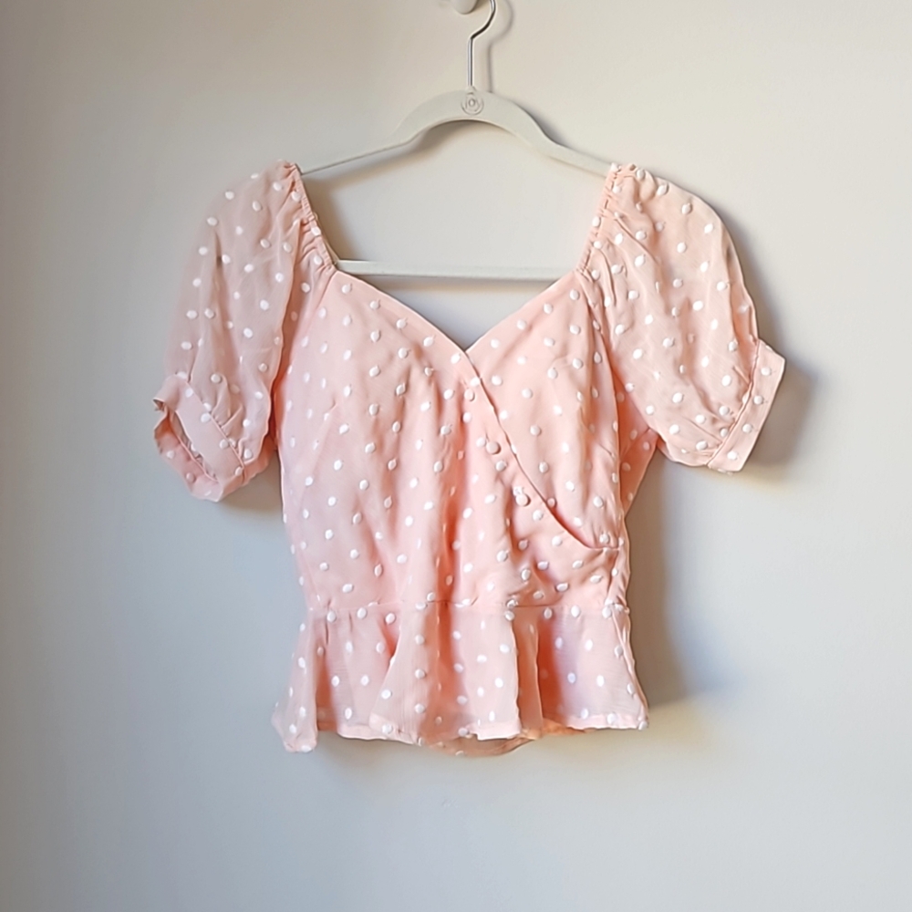 GB (Gianni Bini) Pink with White Polka Dot Peplum Top